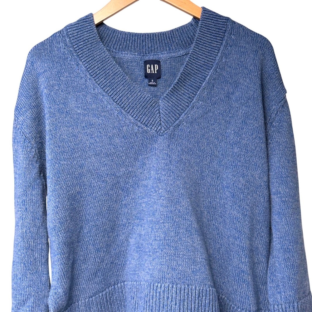 GAP Womens Cotton Blue V-Neck Pullover Small‎ Boxy Ribbed Minimalist Capsule